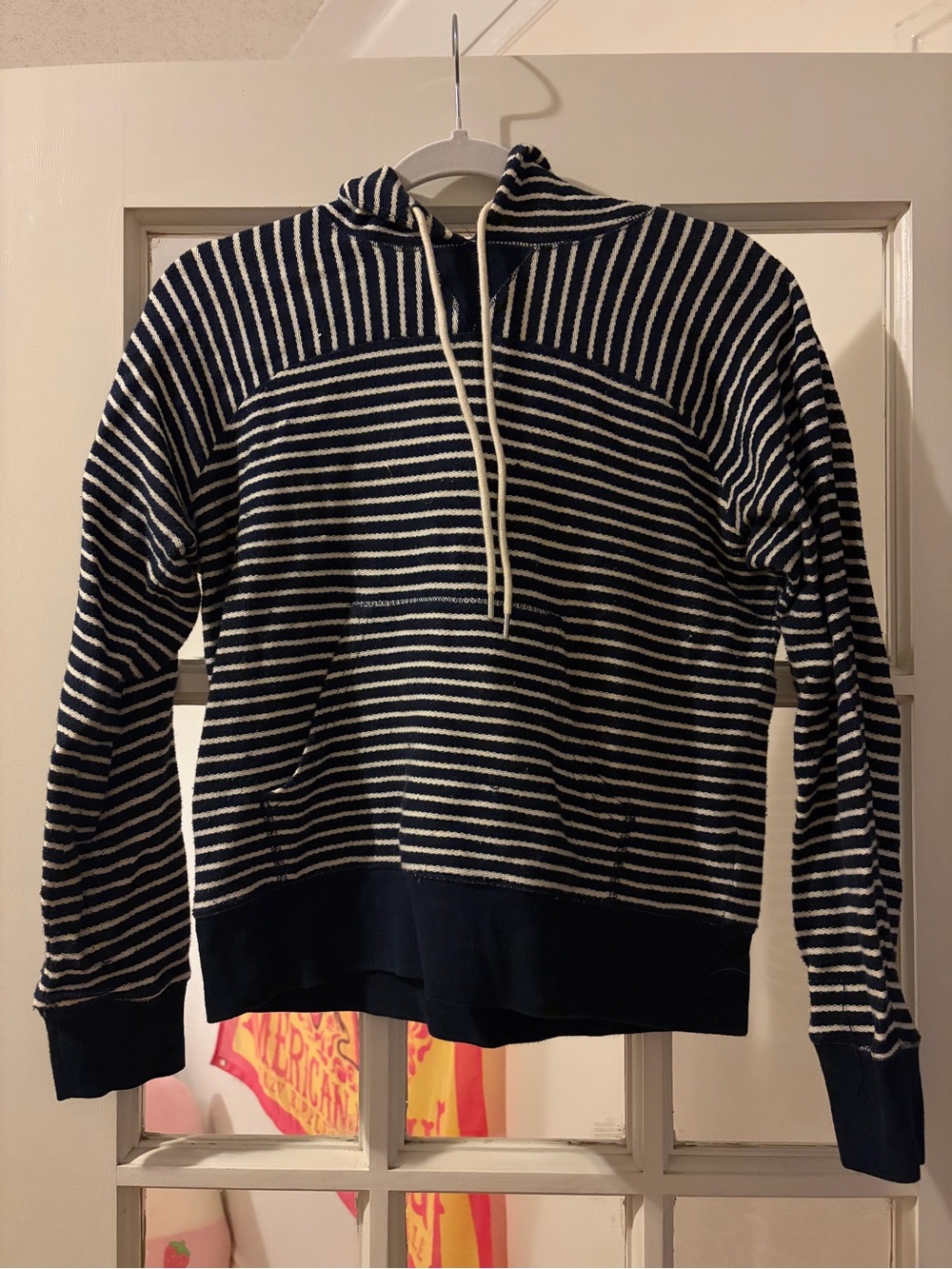 J Crew Navy and White Striped Hoodie Sweater